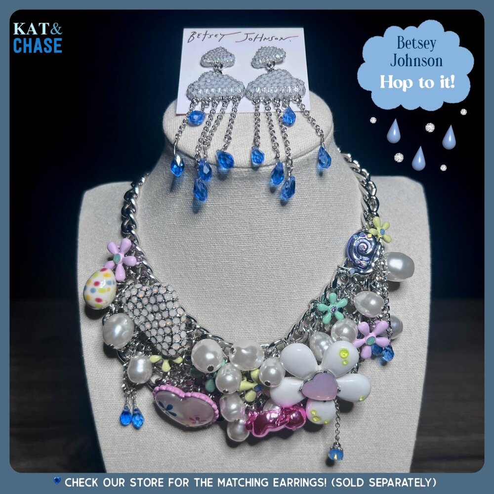 Betsey Johnson Spring Fling Statement Necklace Easter Rain Floral Bunny Snail